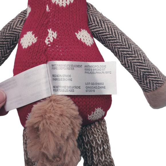 Anthropologie Sock Monkey Reindeer Plush Christmas Tree Topper Rare 2016 Toy - Picture 7 of 10